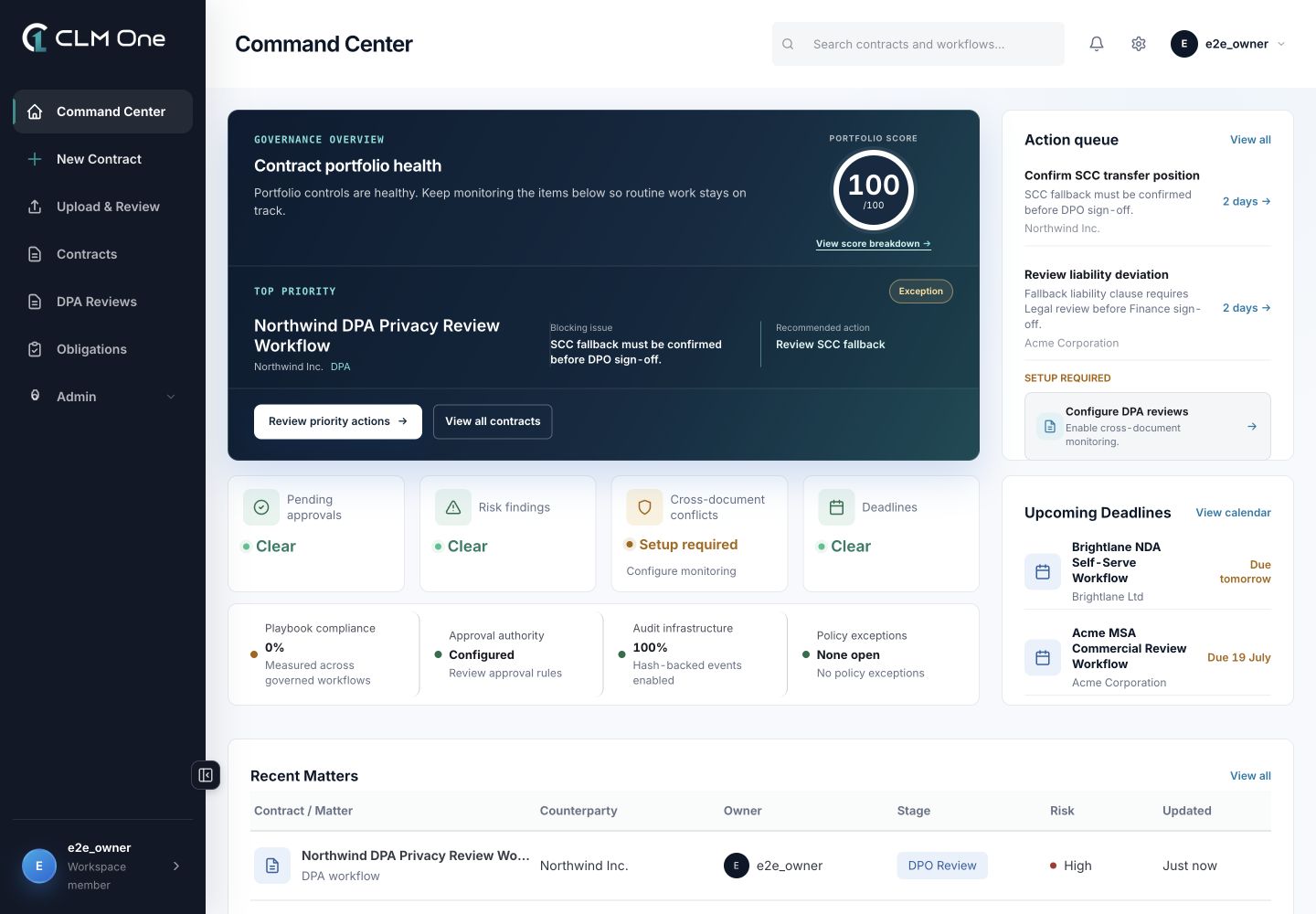 CLM One Command Center showing contract portfolio health, operational queues, governance controls, and recent matters